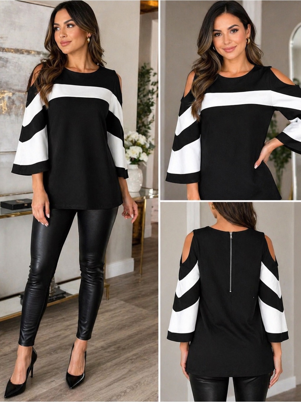 Black White Colorblock Angel Sleeve Top Dress Size M Chic - Picture 1 of 2